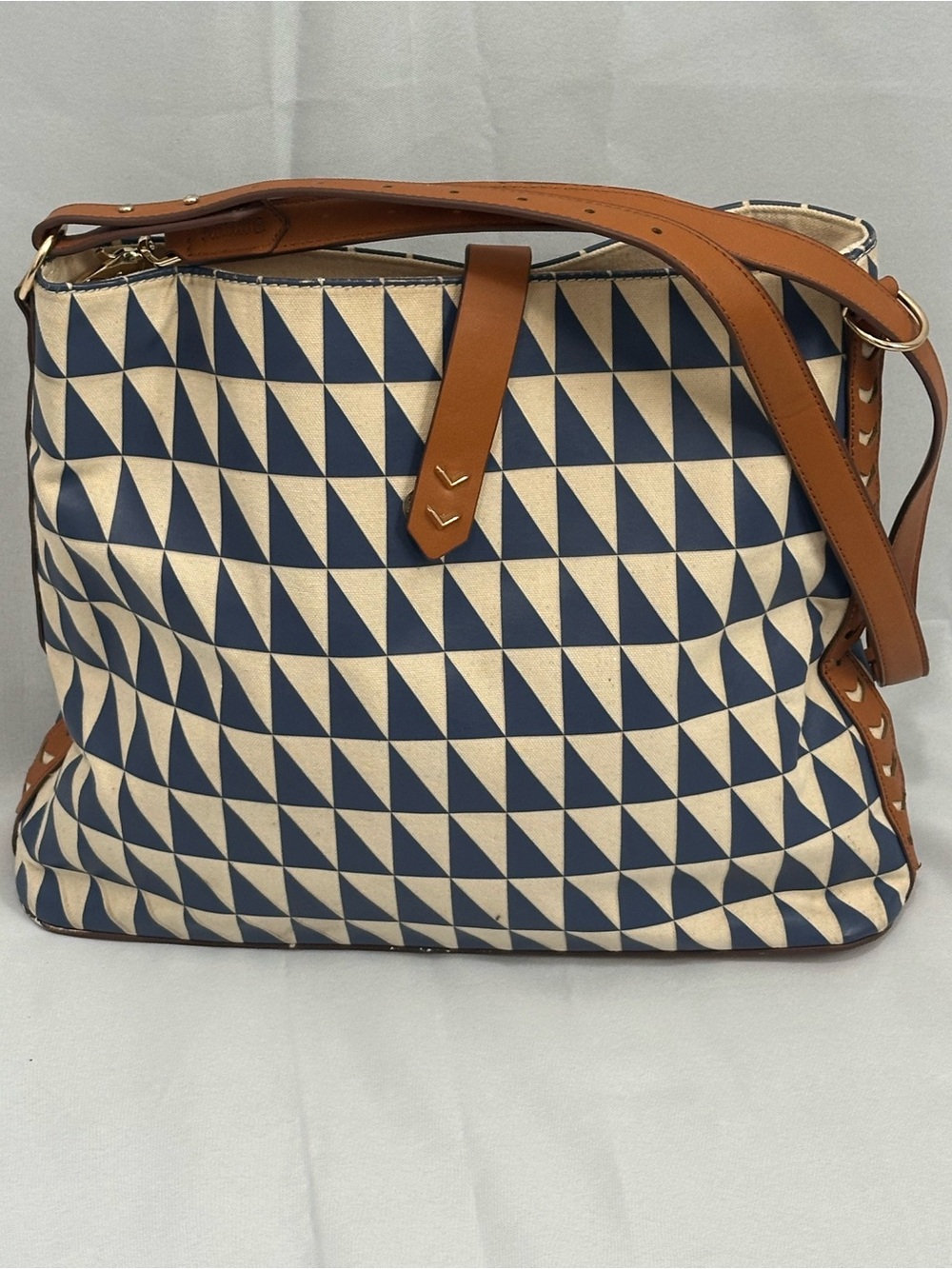 Blue & White Geometric Tote Bag with Tan Trim